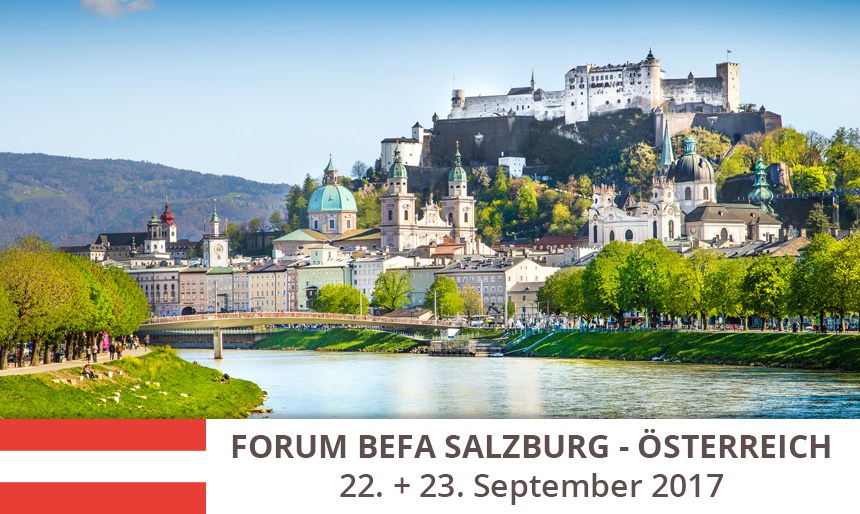 Forum Befa 2017 in Salzburg, Österreich - Blick auf die Festung Hohensalzburg und den Fluss Salzach